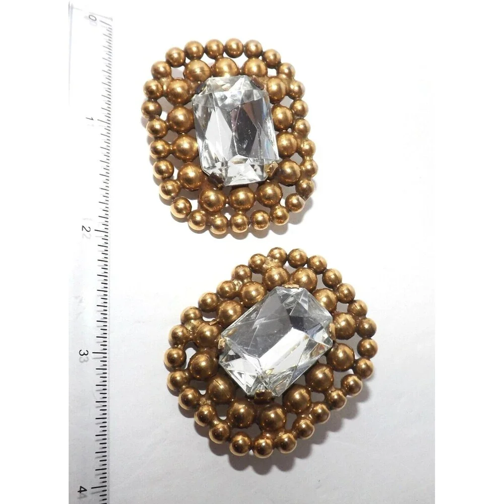 Vintage 80s Earrings Facet Stone Mogul Chunky Statement Clip On Gold tone